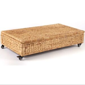 Organic Modern Storage Ottoman Coffee Table Woven Hyacinth Basket on Wheels NEW